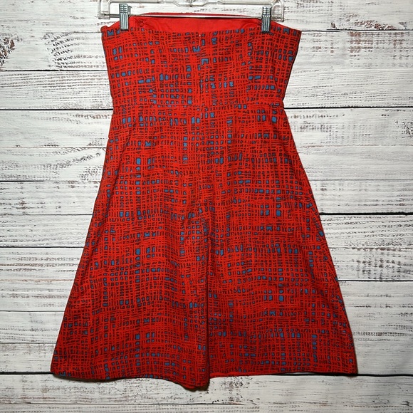 Anthropologie Tabitha Strapless Dress Red and Blue Pattern Size 8 - Picture 8 of 13
